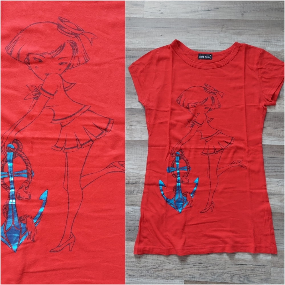 Vintage Y2K Wet Seal Sailor Pinup Fitted Tee Small